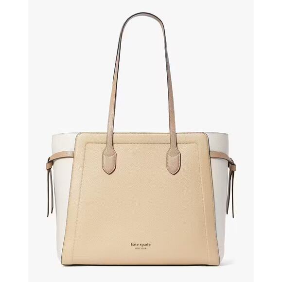 Kate Spade Colorblock Knott Tote Bag Tan Ivory Leather Large Shoulder Strap - Picture 1 of 13